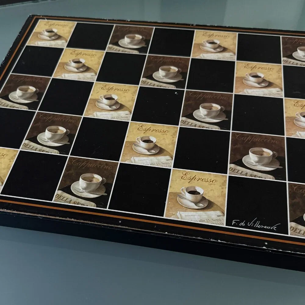 Chess Board Table Vintage Wooden Checkers Combo Game Autor Signed Making a Coffe - Picture 7 of 11